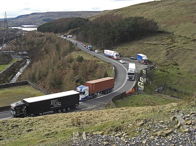 The A628 Woodhead Pass today, carrying heavy goods traffic through the Peak District National Park.